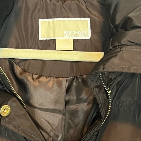 Michael Kors Brown Long Puffer Coat Belted Gold Logo Accents Women's Size L - Picture 9 of 11